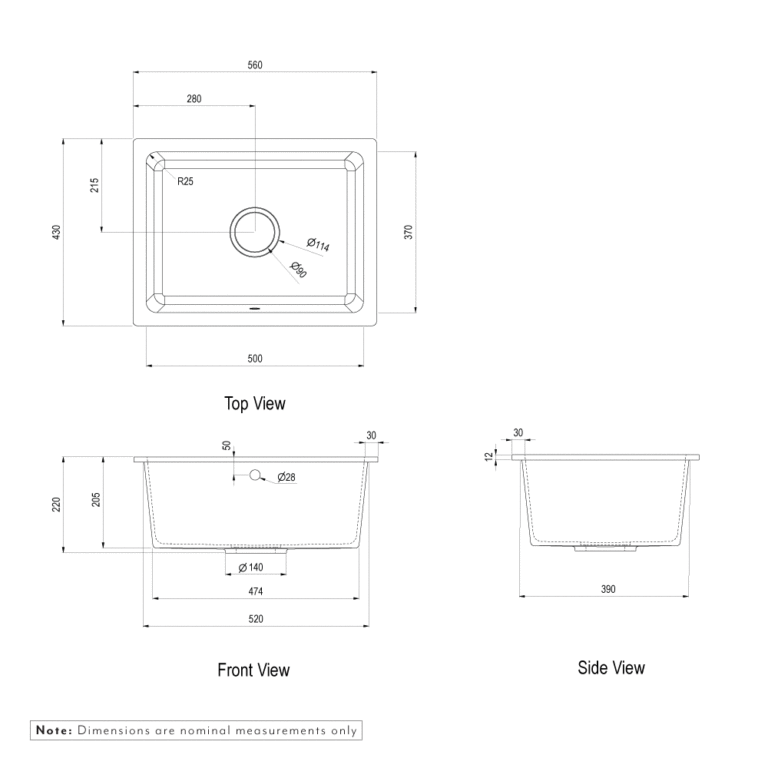 Vera- Single Sink 560mm (Overflow) - Black Granite | (NZ) ABI Bathrooms ...